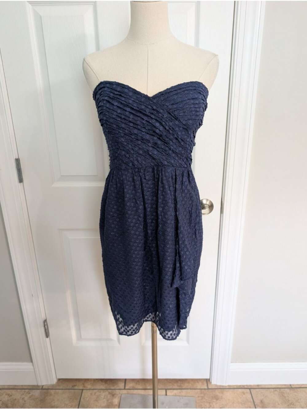Shoshanna Navy Blue Polka Dot Sweetheart Strapless Silk Blend Dress Sz 8